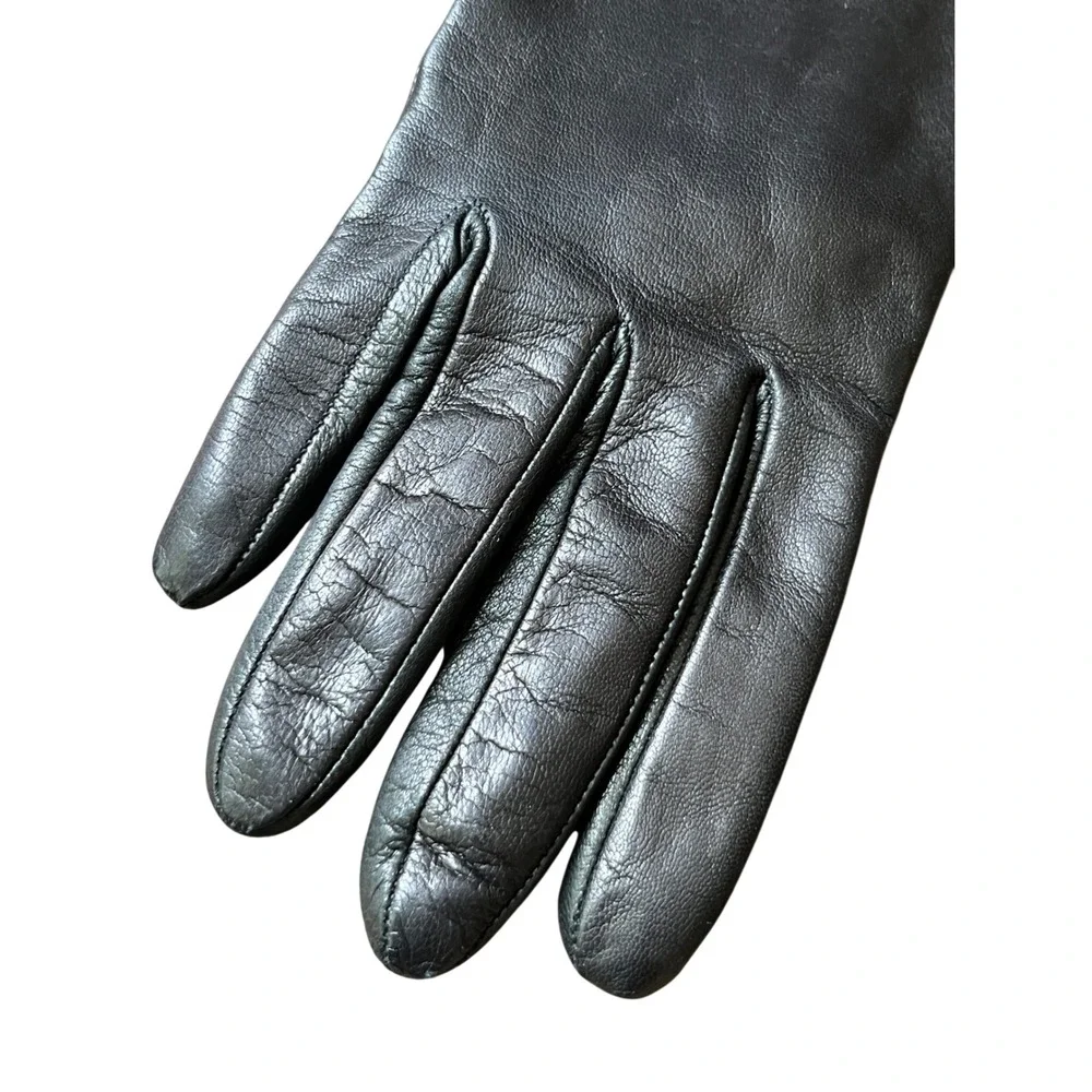 PORTOLANO BLACK LEATHER GLOVES Leopard Print Trim ANGORA/LAMBSWOOL LINER sz 7.5